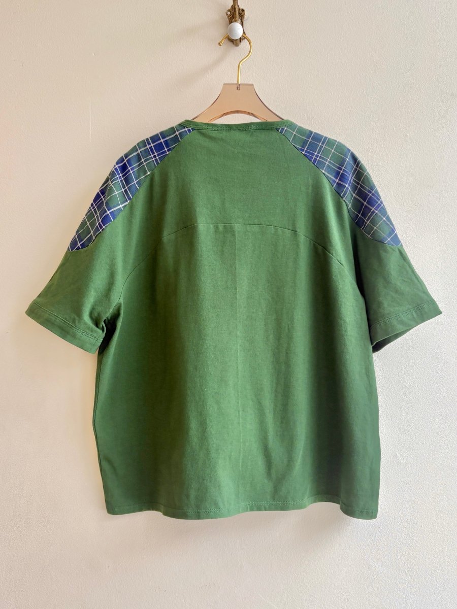 Green Jersey T-Shirt | Color Blocked with Plaid Shoulder - Made X Hudson