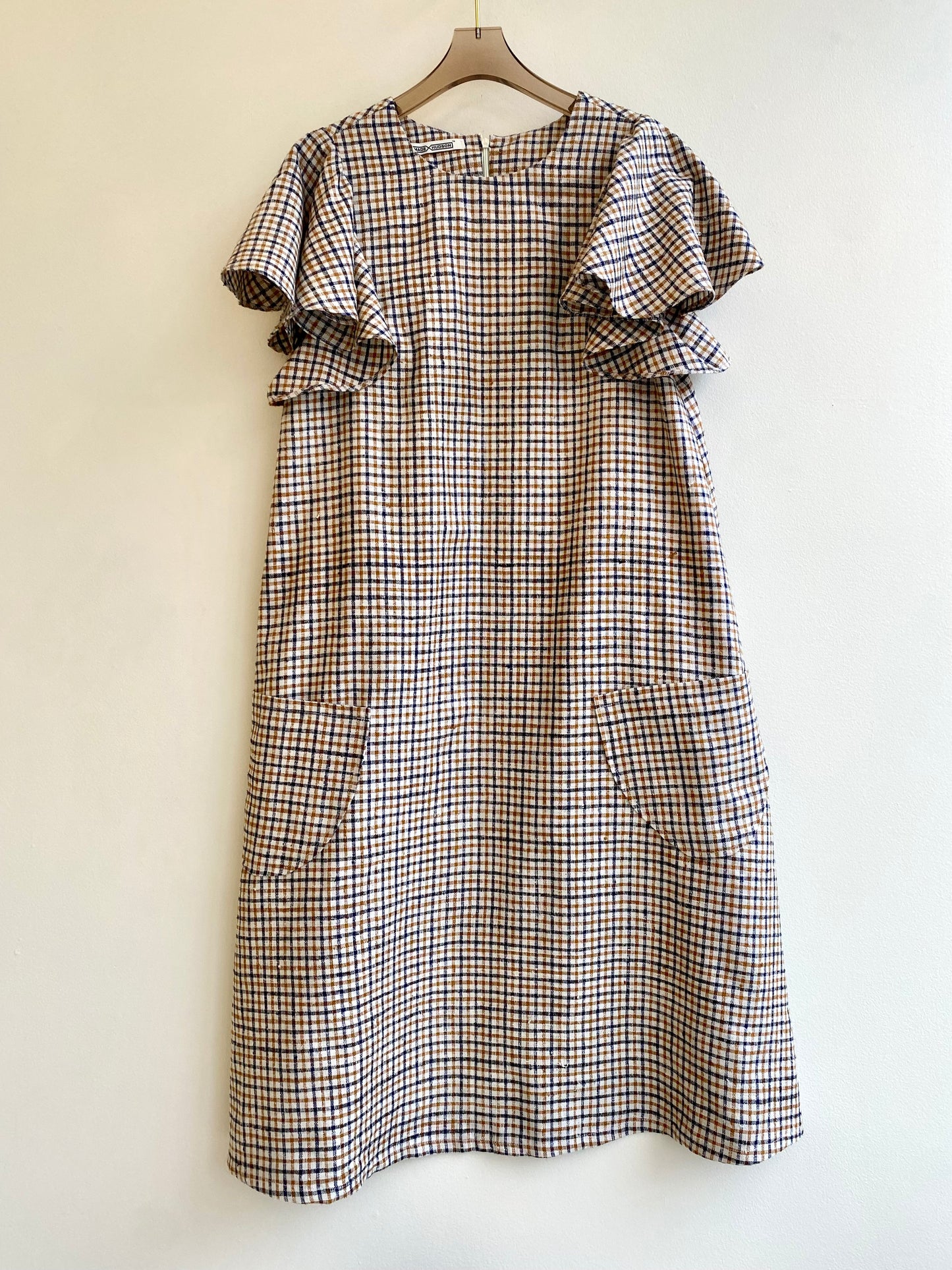 Mustard & Navy Gingham Chore Dress w/ Flutter Sleeve