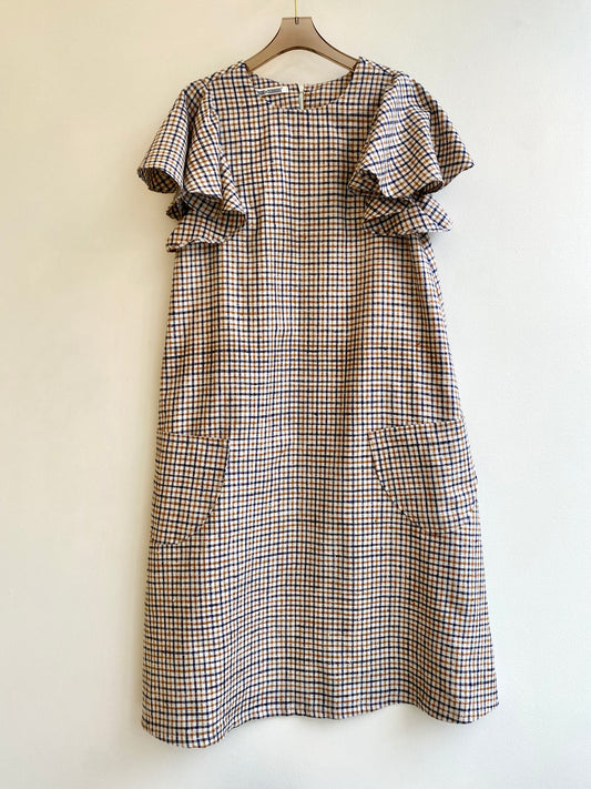 Mustard & Navy Gingham Chore Dress w/ Flutter Sleeve