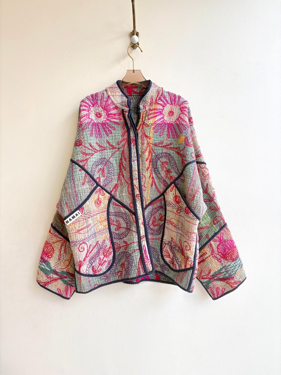 Reversible Ladhiya Suzani Quilted Jacket in Colors Sage, Hot Pink, Mustard, Grey & Grey, Red, Hot Pink, Salmon - Made X Hudson
