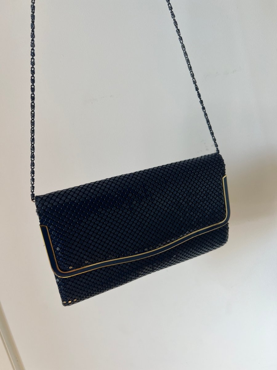 Navy Blue Flat Metal Mesh Clutch Handbag (Vintage) - Made X Hudson