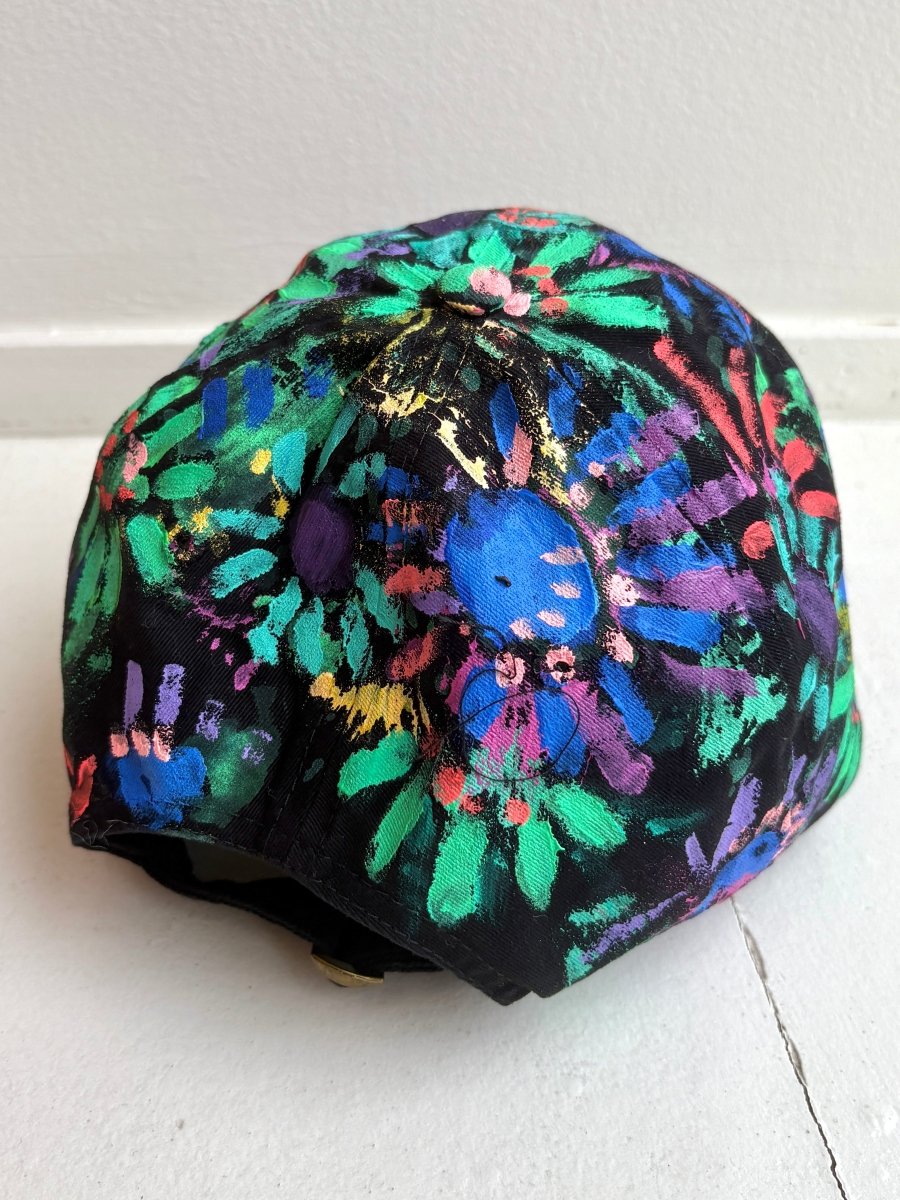"Skye" Black Baseball Cap w/ Blue Neon Flowers | Hand Painted - Made X Hudson