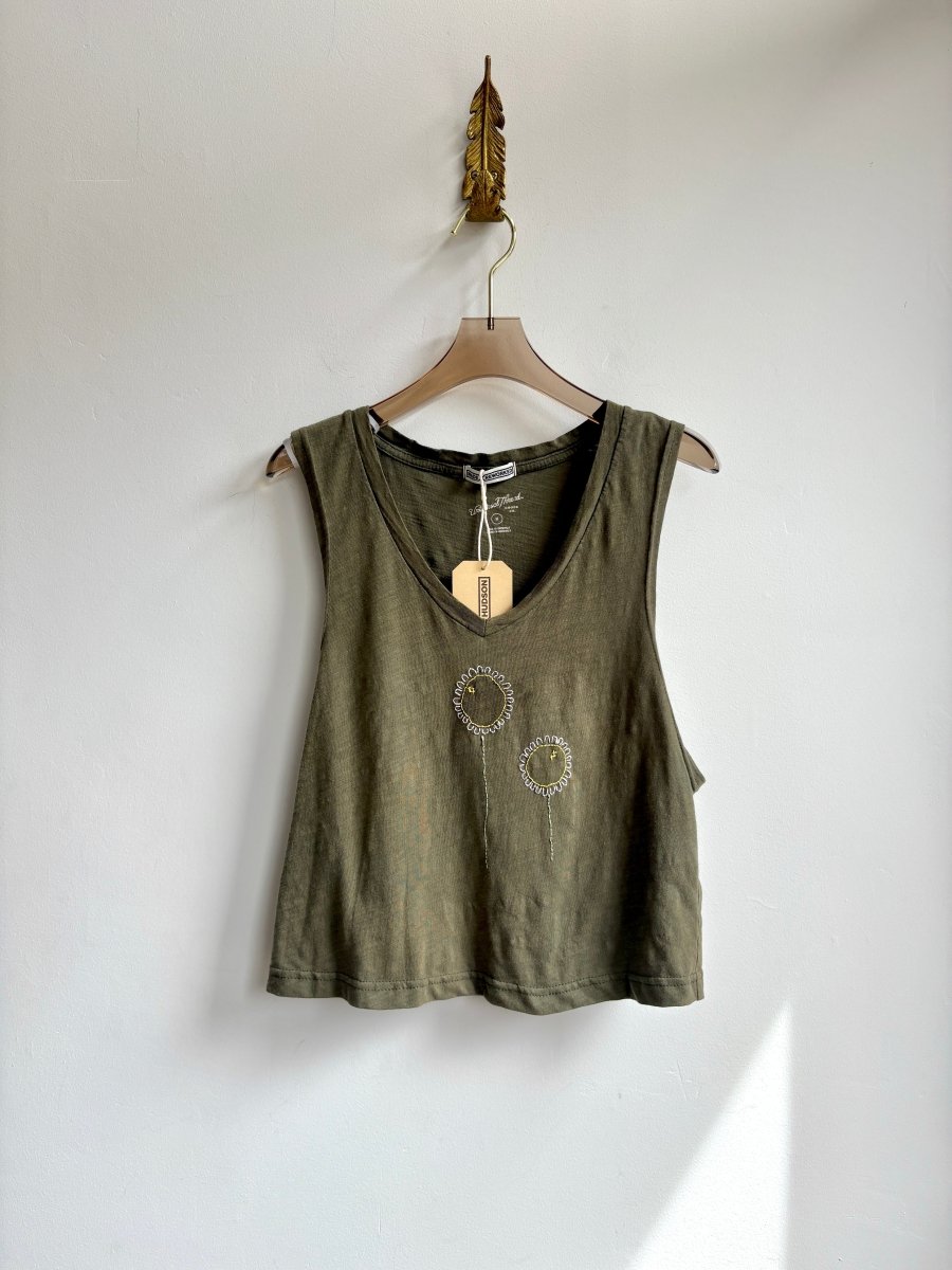 Cropped Hand Embroidery Daisies Sleeveless Tee (Reworked) - Made X Hudson