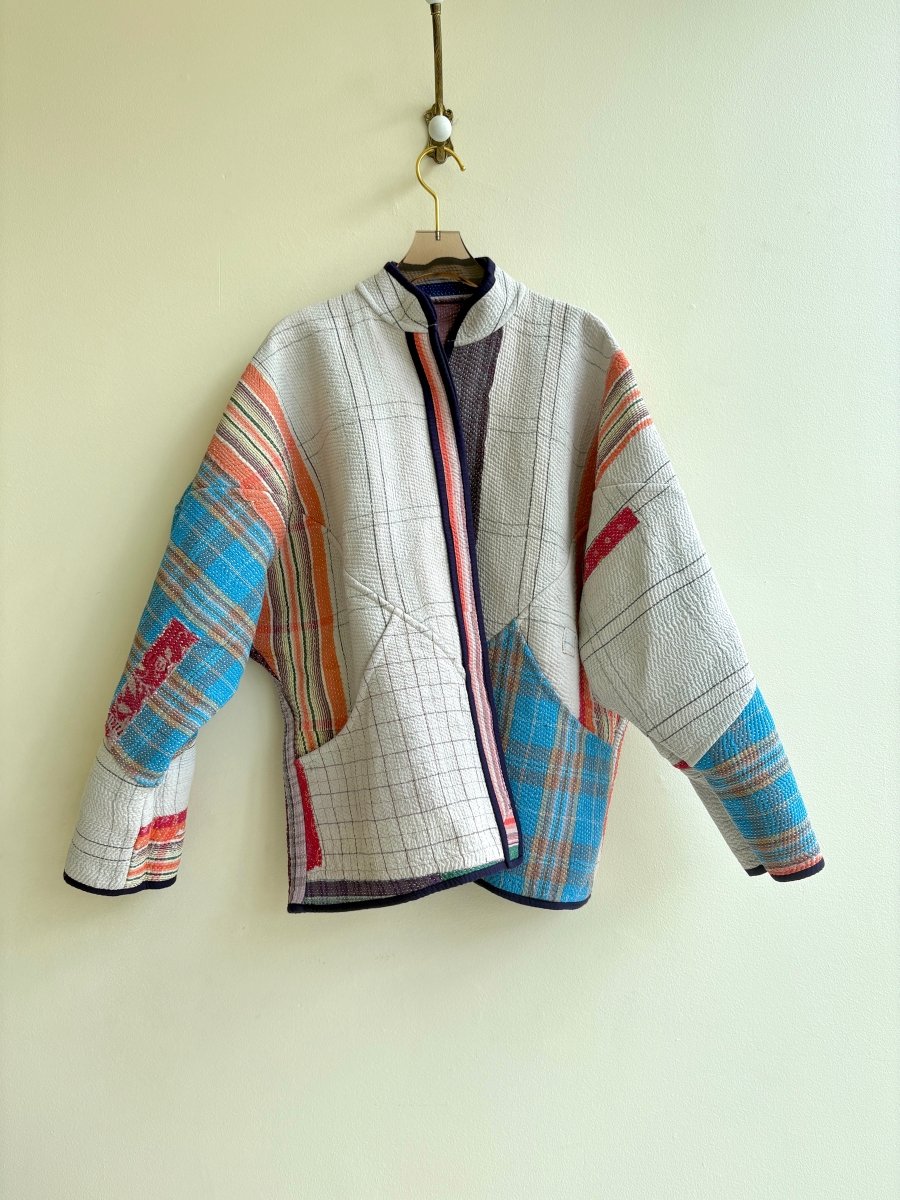 Reversible Ladhiya Quilted Jacket in Multicolored Stripe & White, Mauve, Blue, Peach - Made X Hudson