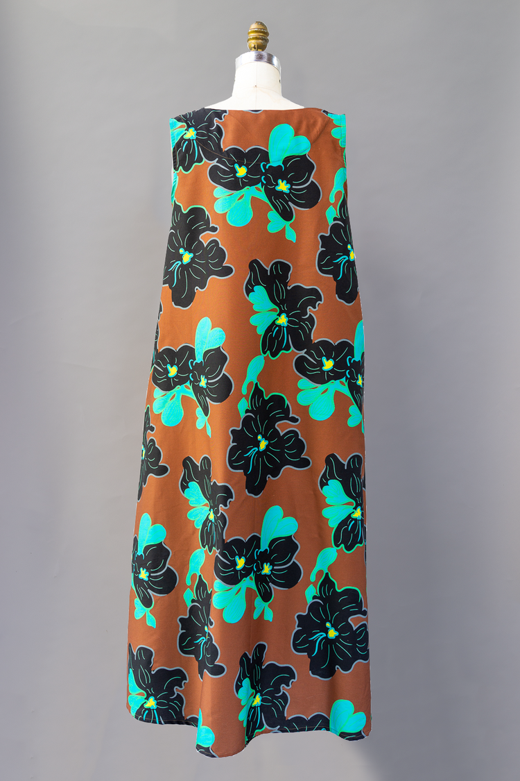 Blue, Green, Black & Brown Floral Print Long Dress