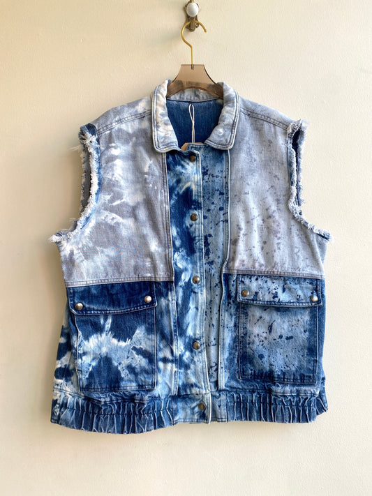 Vintage Hand Dyed Frayed Sleeveless Button Up Denim Vest (Reworked)