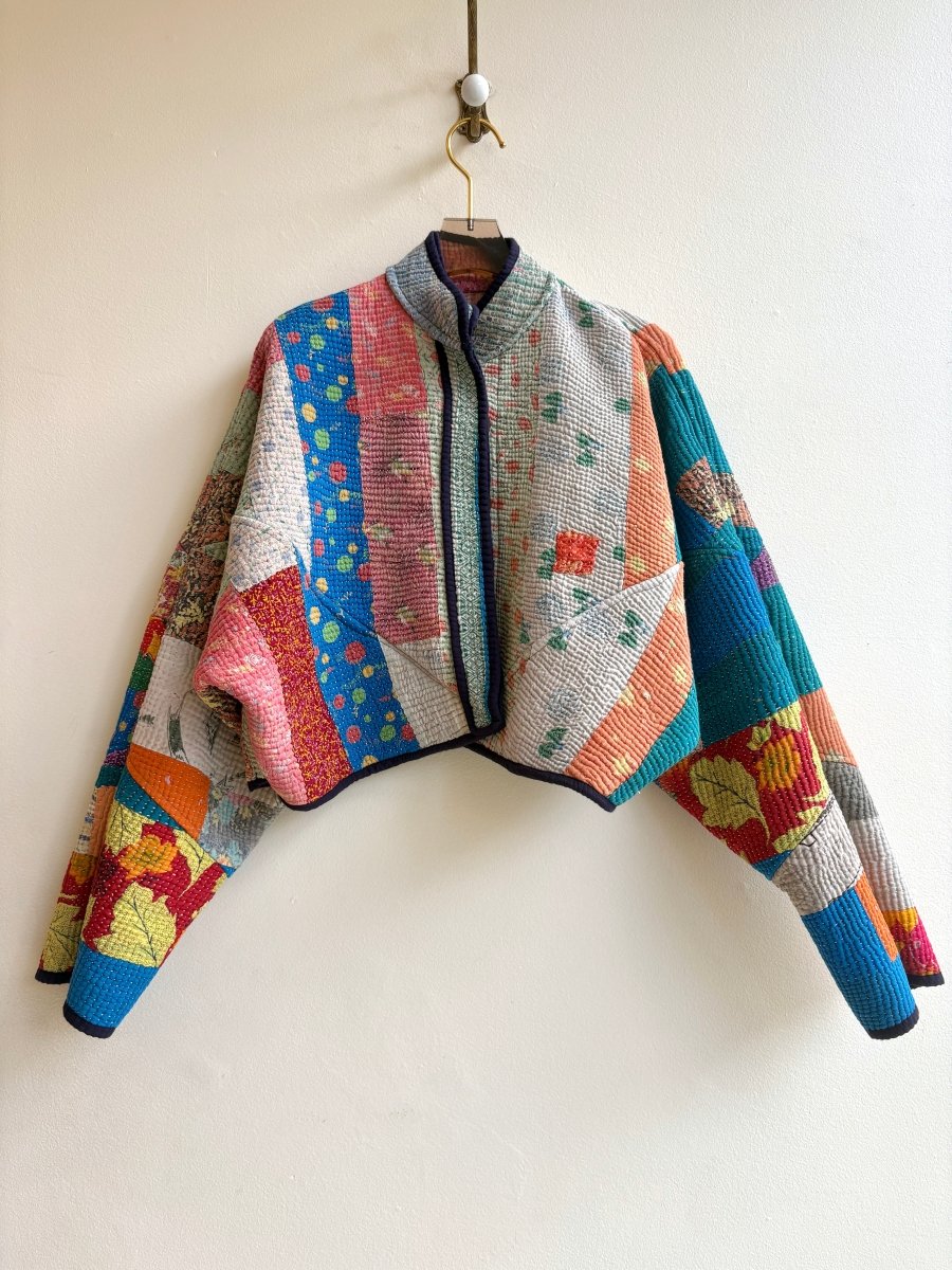 Reversible Kaira Quilted Cropped Jacket in Colors Jade Plaid, Daisy, Peony & Cobalt and Orange Multi Colored Patchwork - Made X Hudson