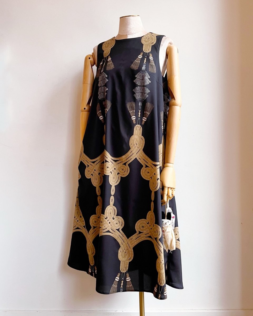 Black Silk Tassel Print Chore Dress - Made X Hudson