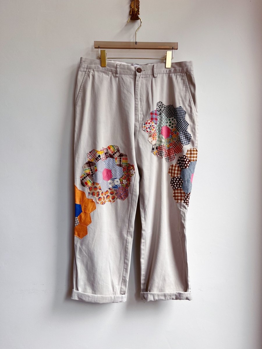 Grandmother’s Garden Quilt Block Applique Chinos w/ Plaid (Reworked) - Made X Hudson