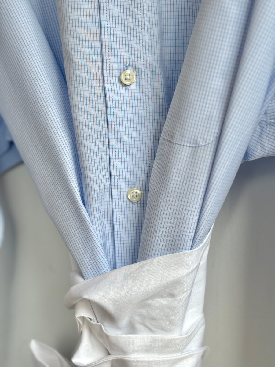 The Patrick Top | Blue Mini Checkered Shirt w/ White Belting (Reworked) - Made X Hudson