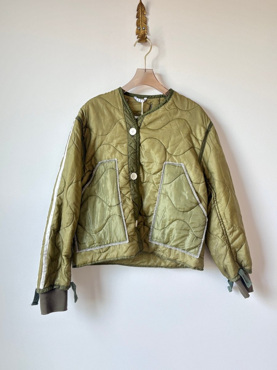 Olive Green Army Liner Quilted Track Jacket w/ Cream Buttons & Reflective Striped Sleeves (Reworked) - Made X Hudson