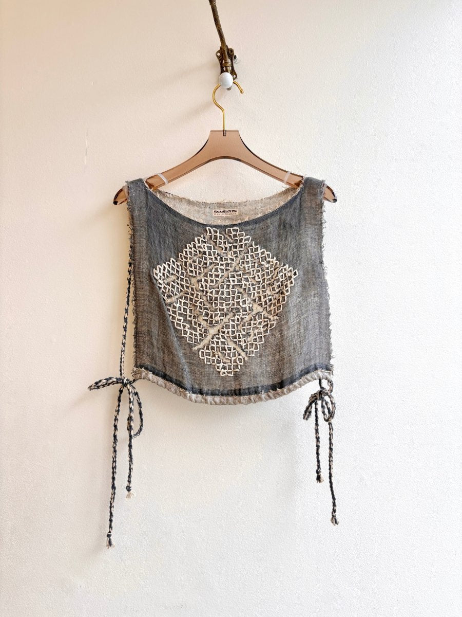 Hand Embroidered Chester Infused with Birch Leaves | Grey and Cream Linen - Made X Hudson