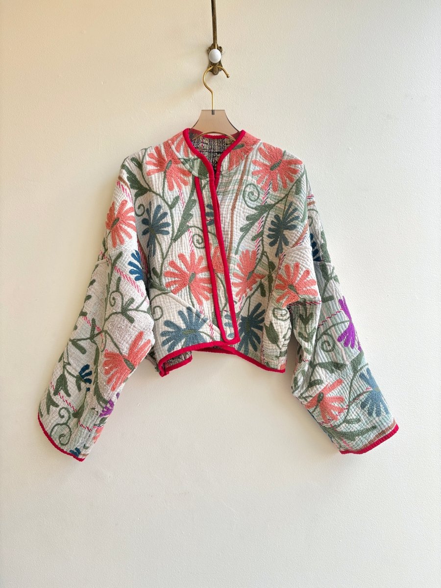 Reversible Kaira Suzani Quilted Cropped Jacket in Colors Cream, Dusty Blue, Salmon, Sage & Gold, Purple, Lavender , Pink - Made X Hudson
