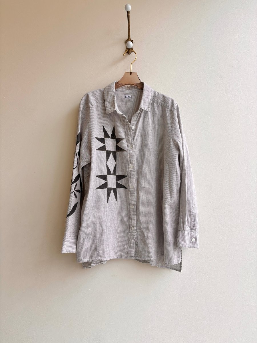 Hand Painted Gray Pinstripe Farm Quilt Motif Top (Reworked) - Made X Hudson