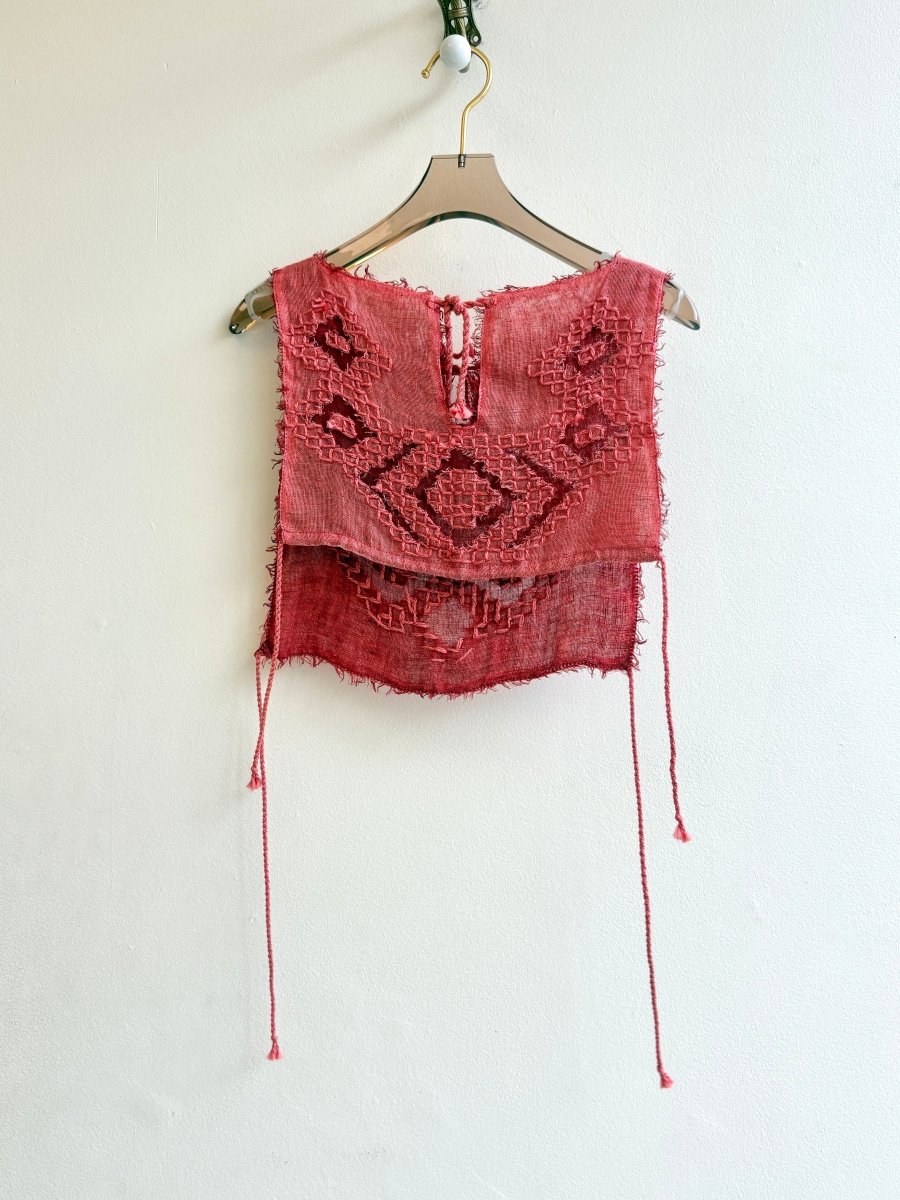 Chester Hand Embroidered with Side and Neck Ties | Salmon and Crimson Linen - Made X Hudson