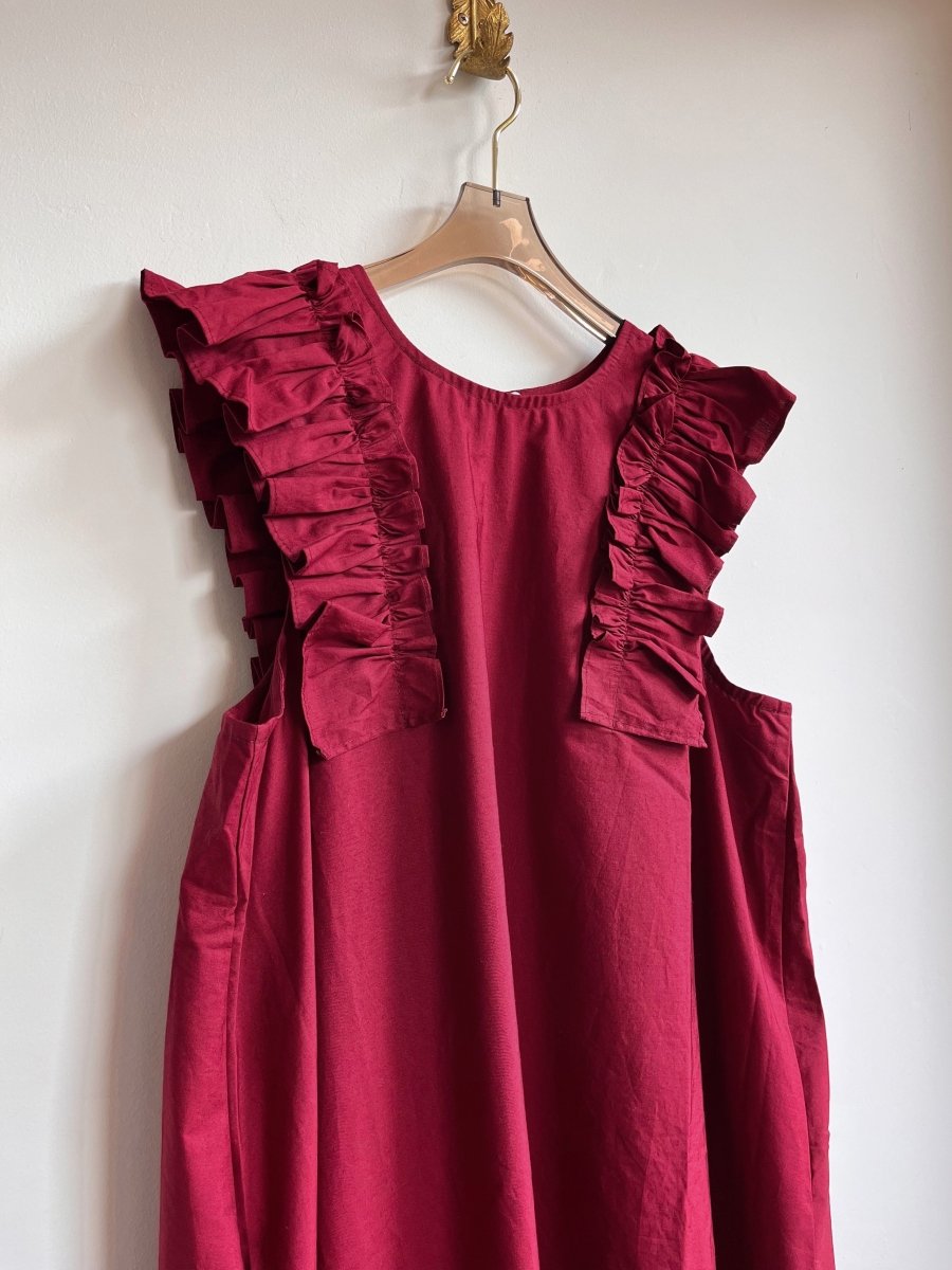Cherry Bordeaux Sleeveless Cotton Aria Ruffle Dress w/ Belt - Made X Hudson