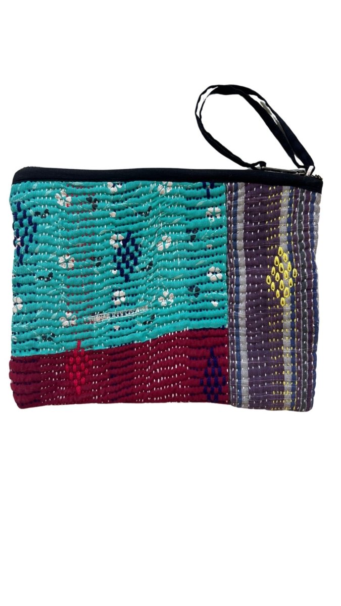 Biju Vintage Kantha Quilted Zipper Pouch in Colors Red, Purple, Turquoise - Made X Hudson