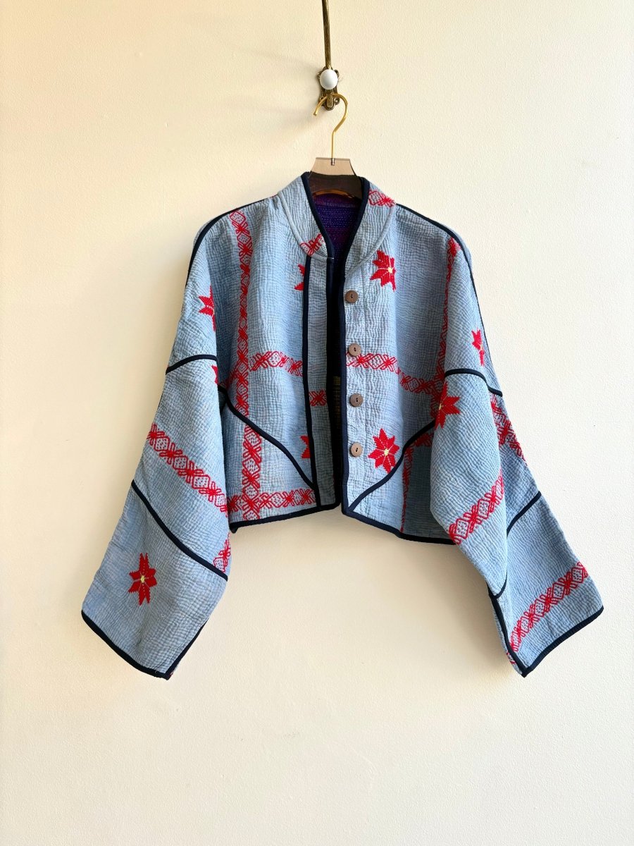 Reversible Kaira Quilted Cropped Jacket in Colors in Sky Blue and Red & Purple, Green, Red, Maroon and Gold - Made X Hudson