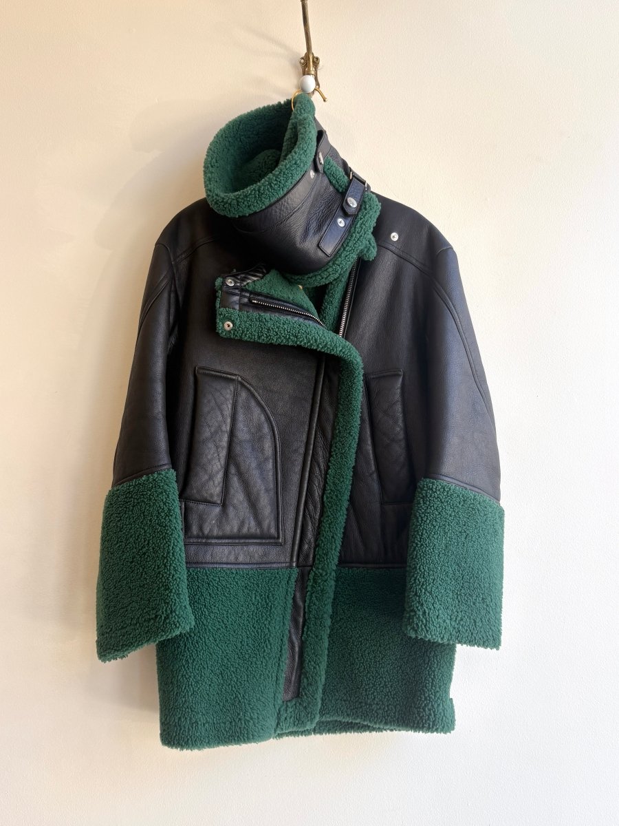 Kenzo Paris | Emerald Sherpa and Black Asymmetric Zip Leather Jacket - Made X Hudson