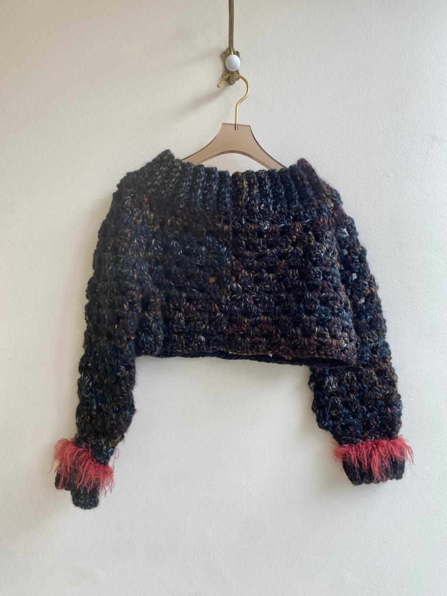 Wool Hand Crochet Cropped Sweater Black Spice w/ Red Faux Fur - Made X Hudson