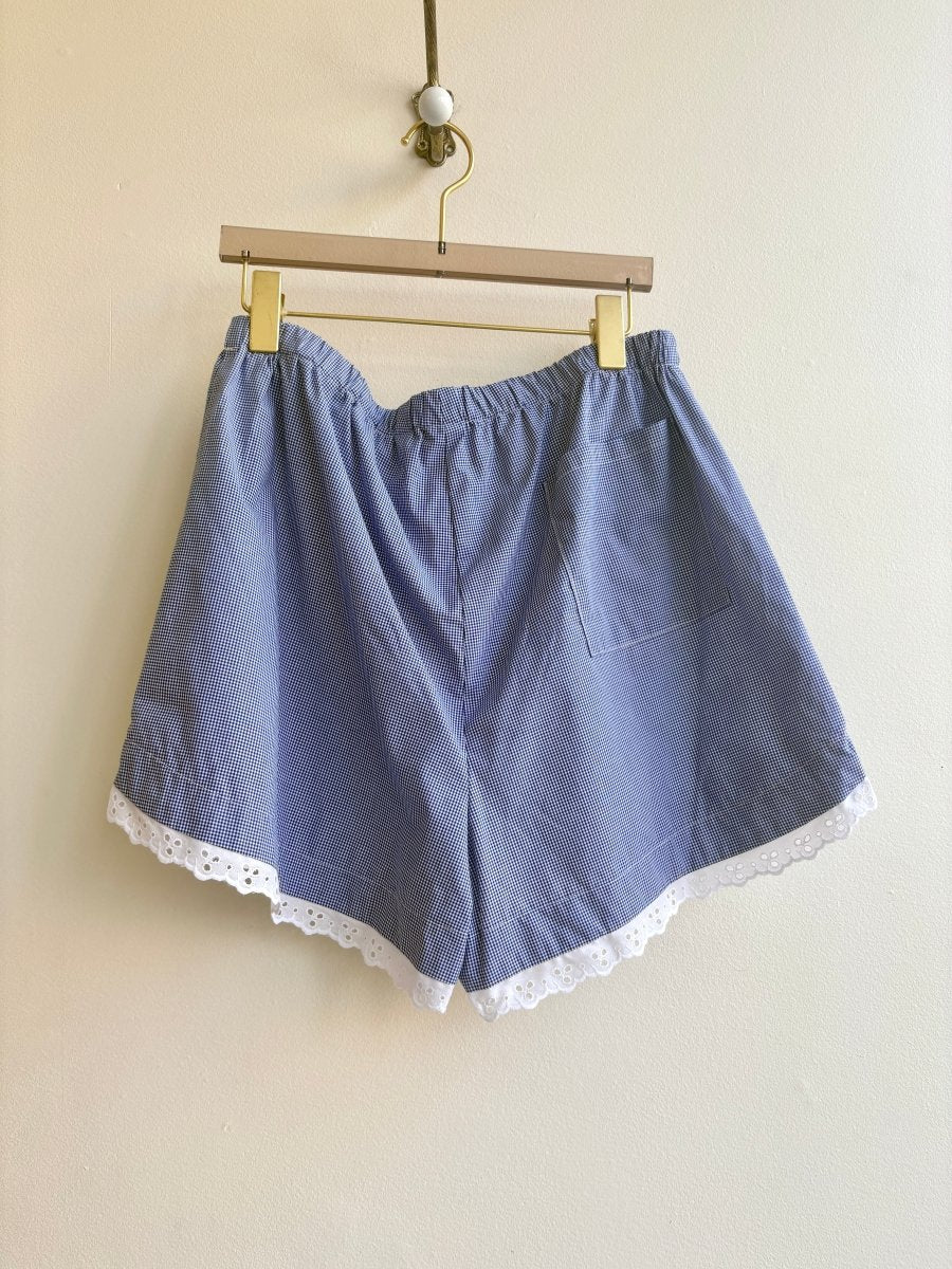 Blue & White Mini - Plaid w/ Eyelet Trim Boxer Shorts (Reworked) - Made X Hudson