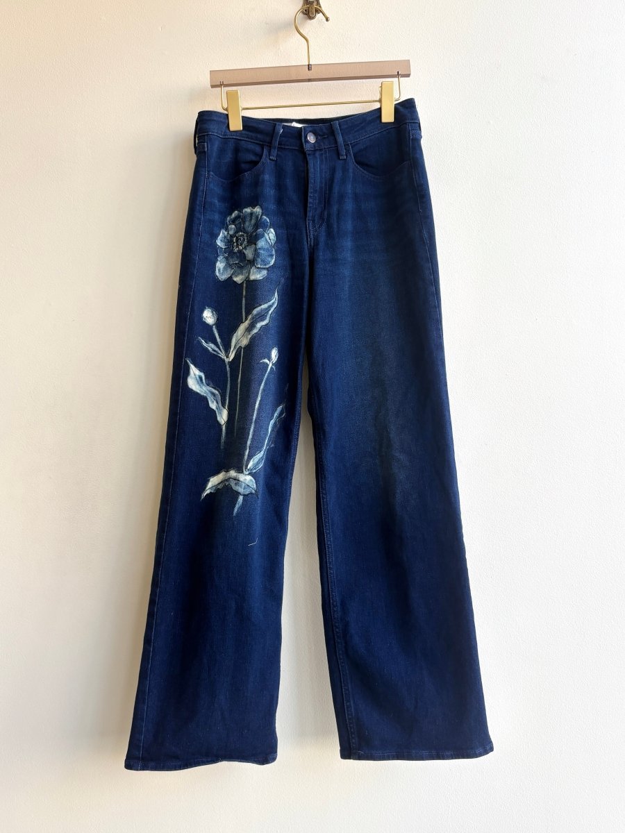 Dark Denim Peony Hand Drawn & Painted Pants (Reworked) - Made X Hudson