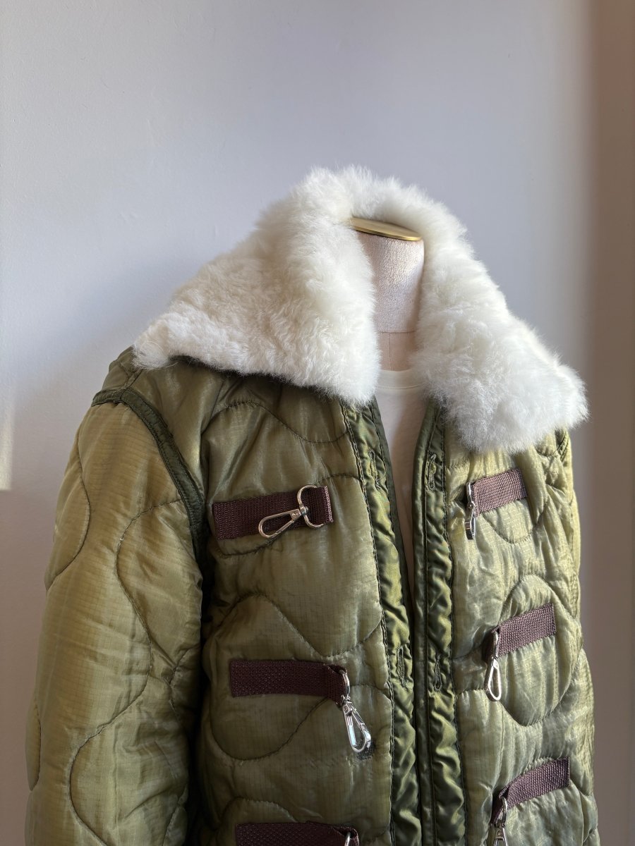 Olive Army Liner Quilted Coat w/ White Alpaca Fur Collar & Brown Canvas & Silver - Tone Clasps (Reworked) - Made X Hudson