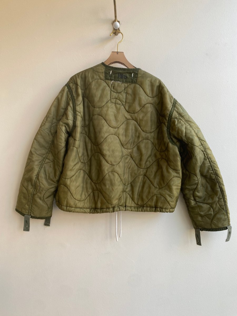 Olive Green Army Liner Quilted Coat w/ Patch Pockets & White Drawstring (Reworked) - Made X Hudson