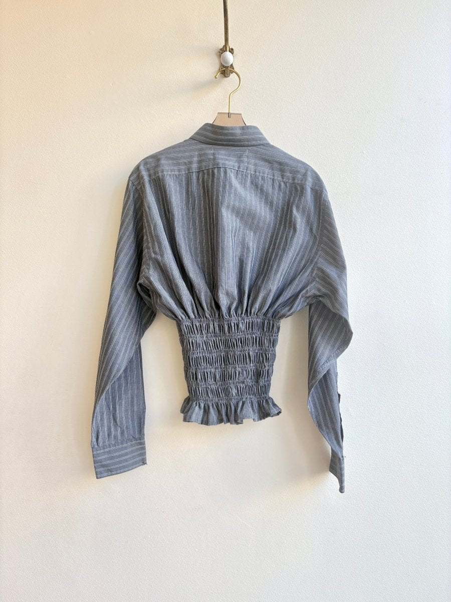 The George Top | Grey w/ Black & White Stripe Button Down Top w/ Smocked Waist (Reworked) - Made X Hudson
