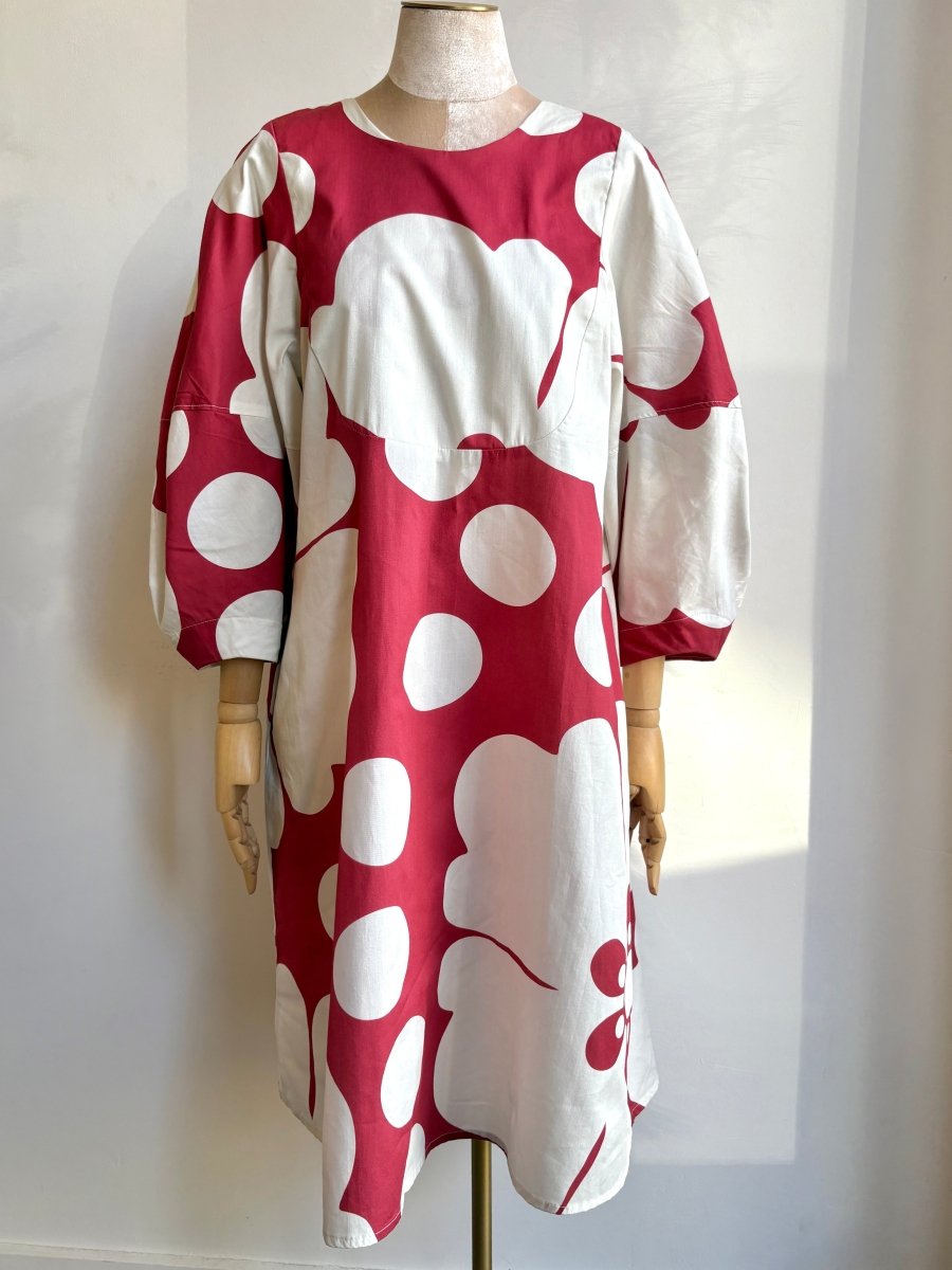 Red & White Floral Bib Dress w/ Balloon Sleeves - Made X Hudson