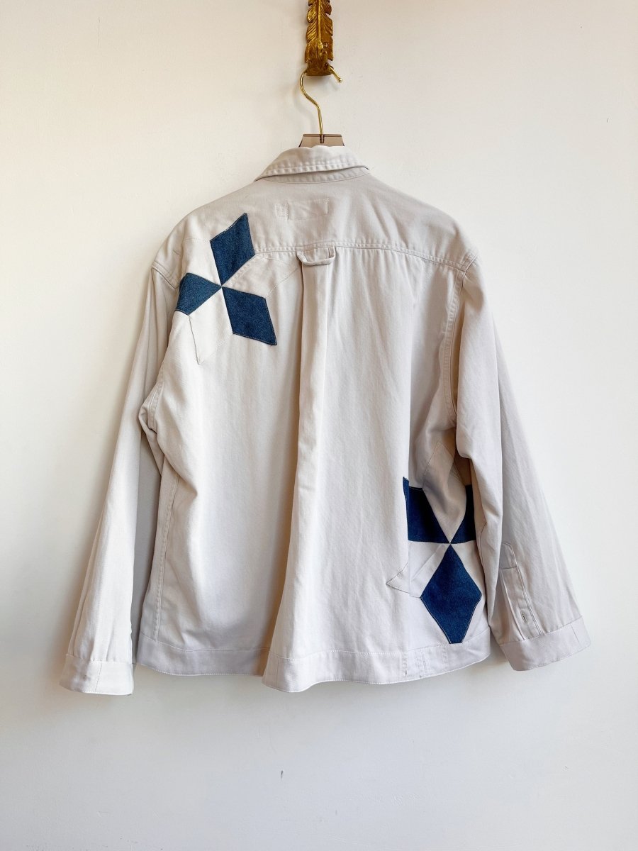 White Denim Shirtjacket w/ White & Blue Lemoyne Star & Dark Blue Pockets (Reworked) - Made X Hudson