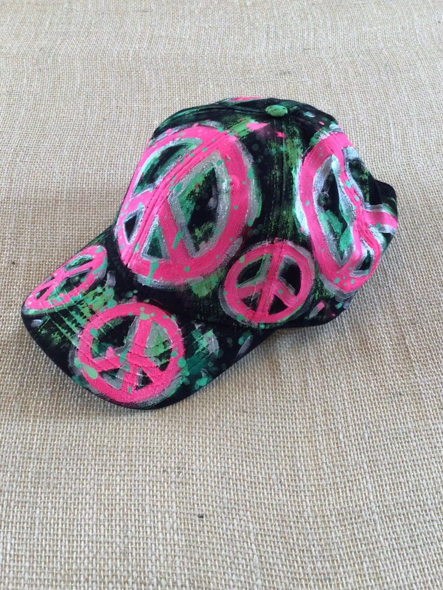 Black Hand Painted Neon Pink Peace Signs Baseball Cap - Made X Hudson