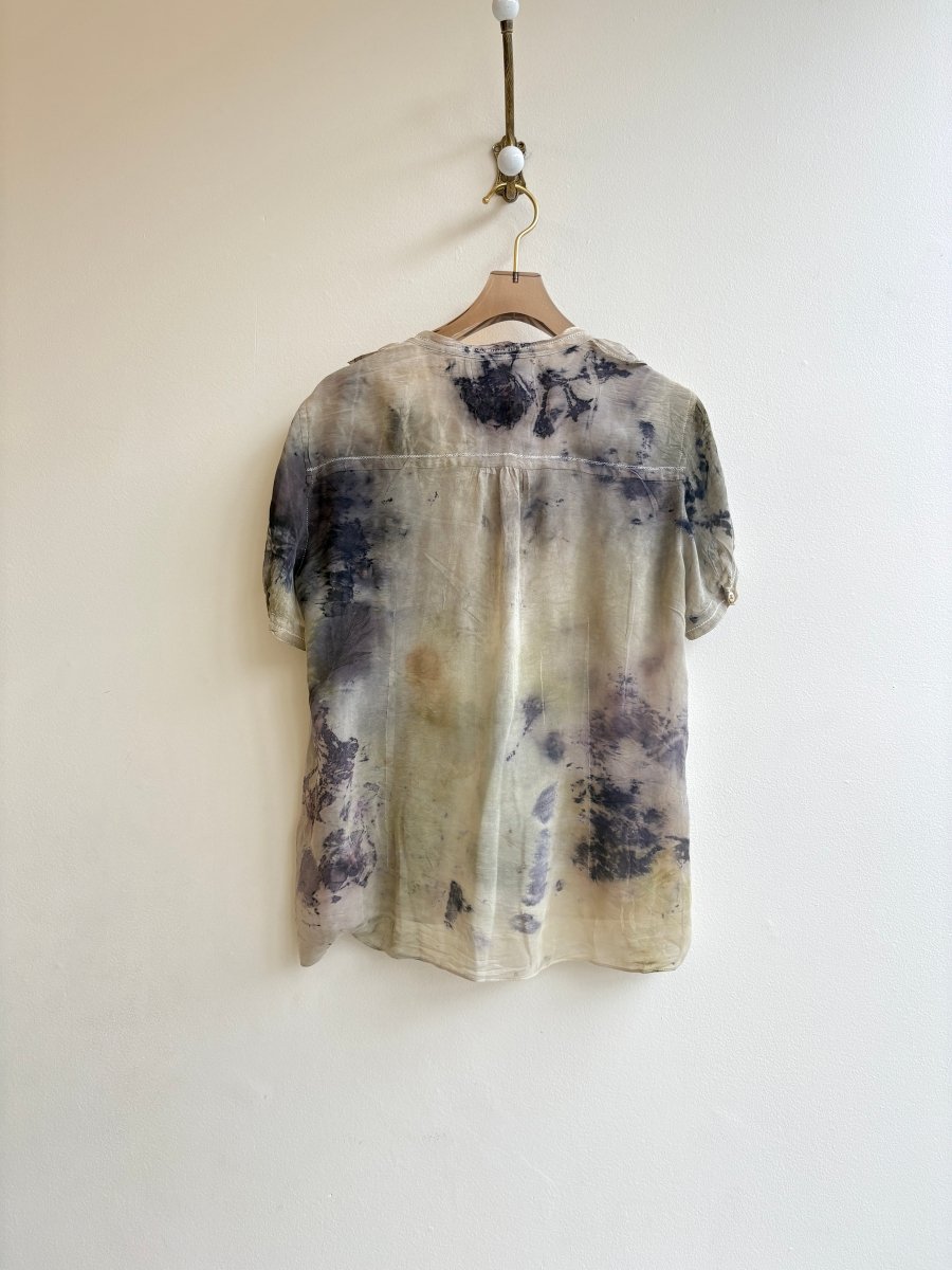 Slate, Moss, Plum, Eco Printed Button Up Ruffle Blouse (Reworked) - Made X Hudson