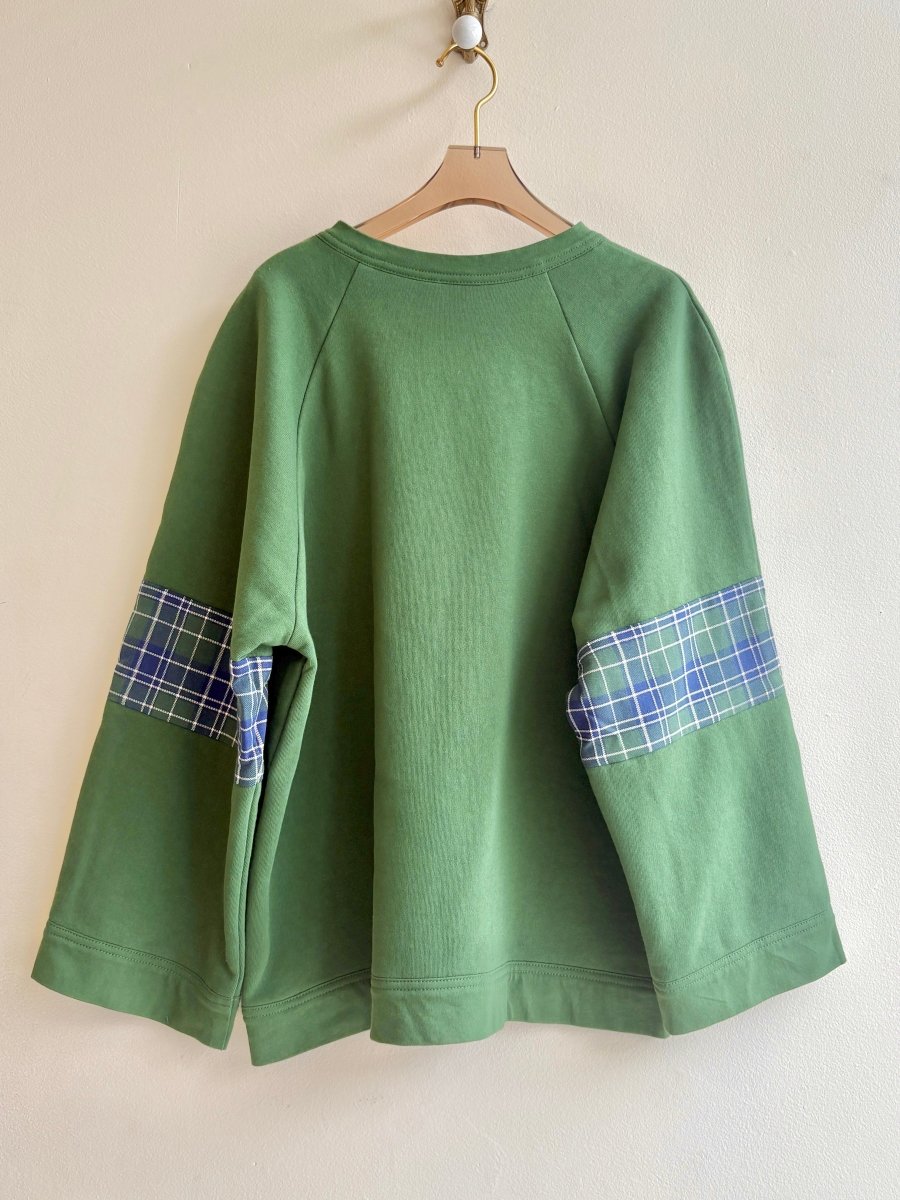 Green Cotton Ragland Crewneck | Color Blocked with Plaid Elbows - Made X Hudson