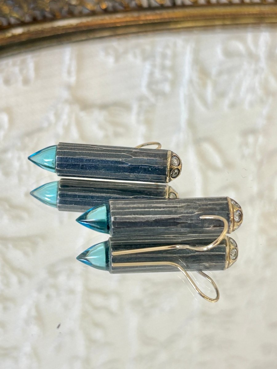 18K Gold & Silver with .8K Diamonds & London Blue Topaz Earrings - Made X Hudson