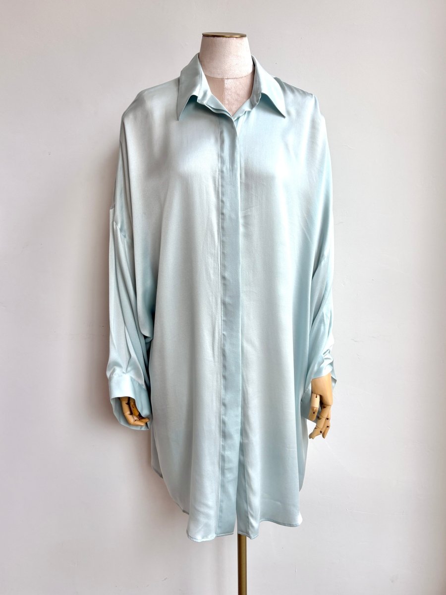 Silk Button Down Long Shirt in Soft Aqua - Made X Hudson