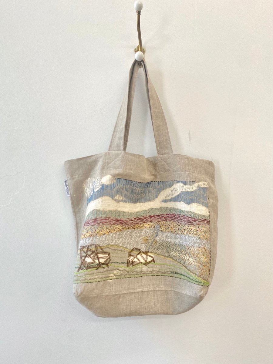 Gray Organic Linen Tote Bag w/ Hand Embroidered View from Olana - Made X Hudson