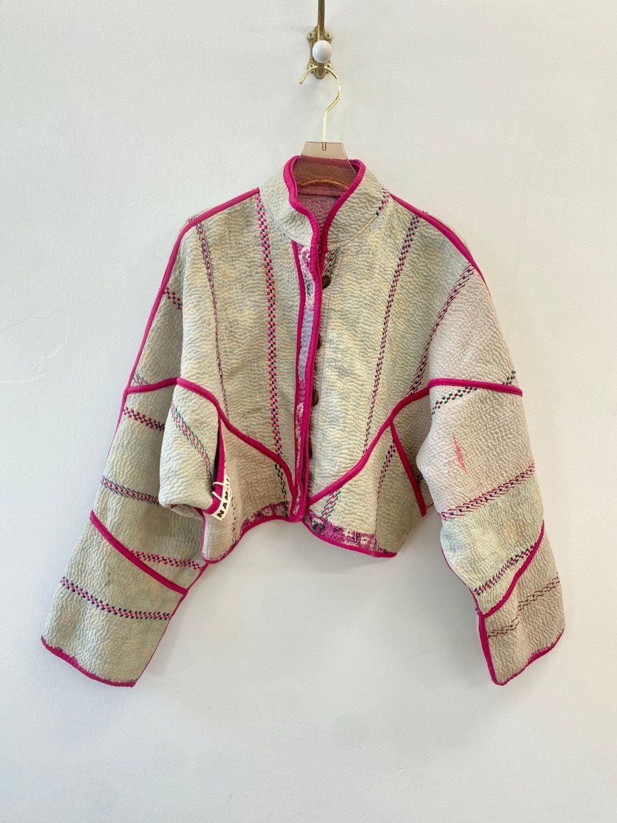 Reversible Kaira Quilted Cropped Jacket in Colors Hot Pink w/ Green, Red, Purple Embroidered Stripes & Beige w/ Purple, Red, Green, Hot Pink Embroidered Stripes - Made X Hudson