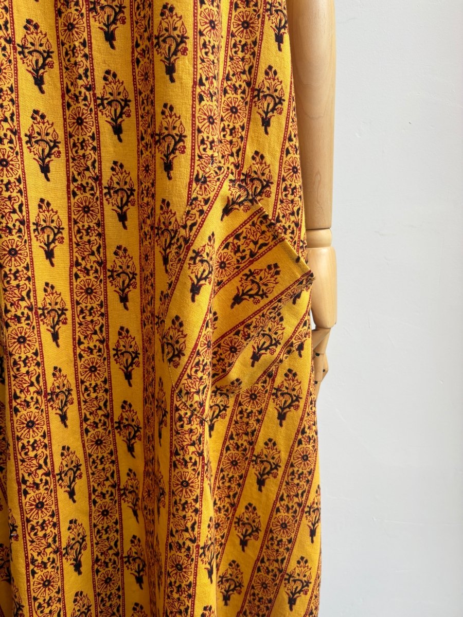 Maroon & Black Floral Stripe Golden Yellow Chore Dress w/ Patch Pockets - Made X Hudson