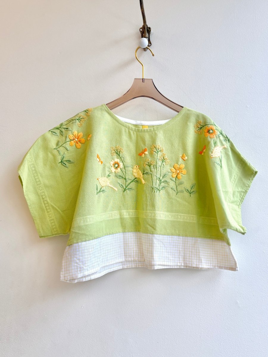 Spring Green with Embroidered Apricot Florals and Yellow Birds | Picnic Top Crop - Made X Hudson