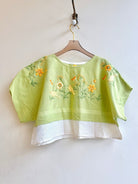 Spring Green with Embroidered Apricot Florals and Yellow Birds | Picnic Top Crop - Made X Hudson