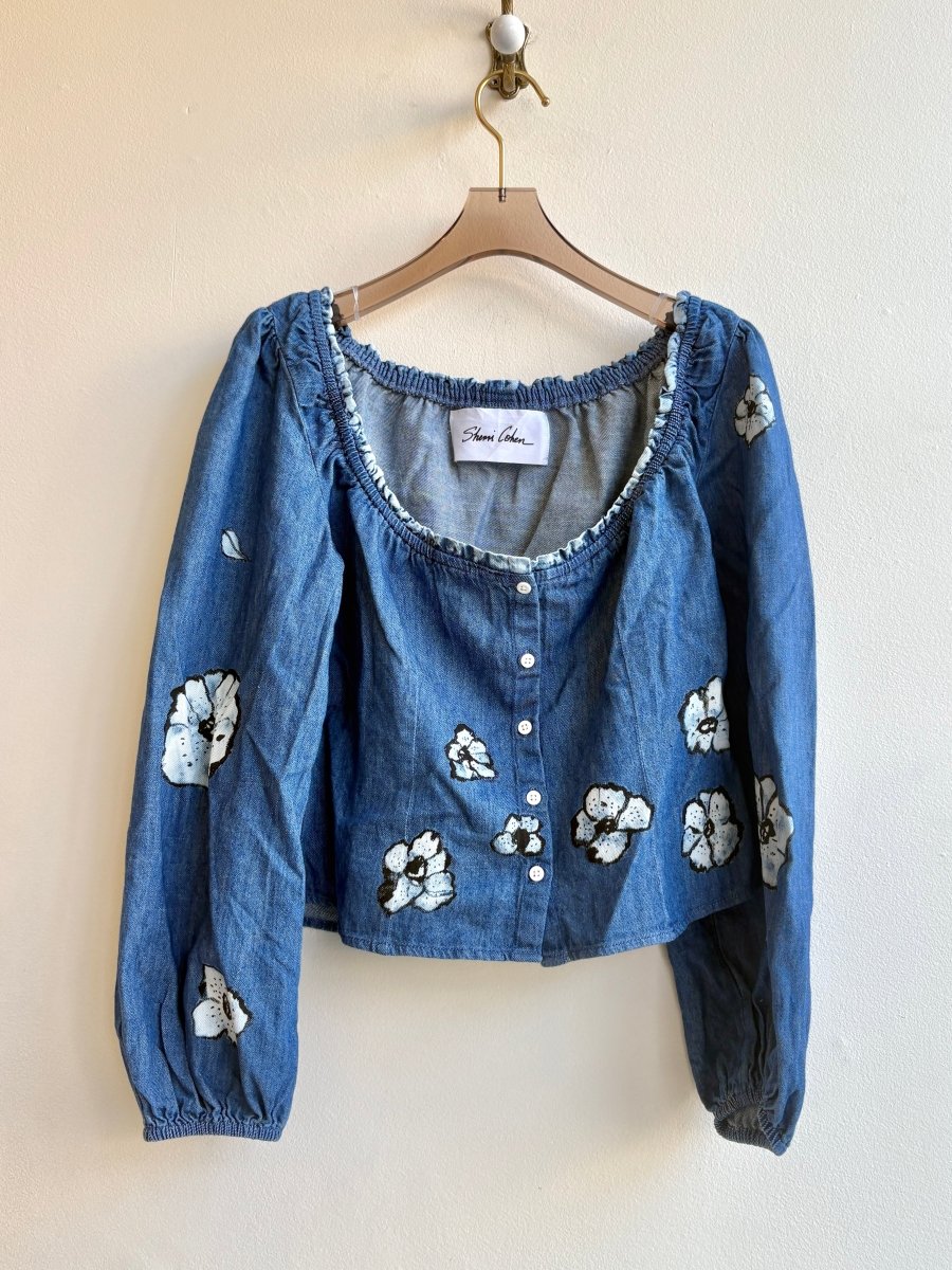 Blue Denim & White Poppy Painted Cropped Long Sleeve Top (Reworked) - Made X Hudson