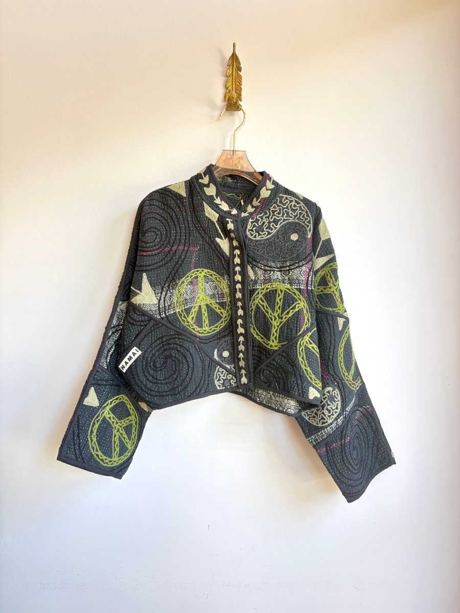 Reversible Suzani Quilted Cropped Jacket in Colors Black, Green, Sage, Grey & Black, Green, Sage, Grey - Made X Hudson