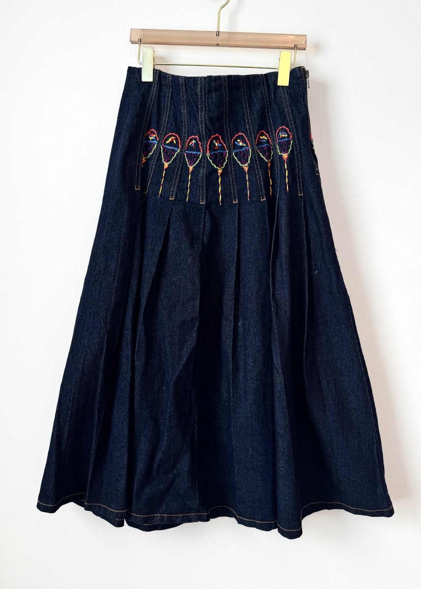 "Lollie" Denim Pleated Skirt with Embroidery (Reworked) - Made X Hudson