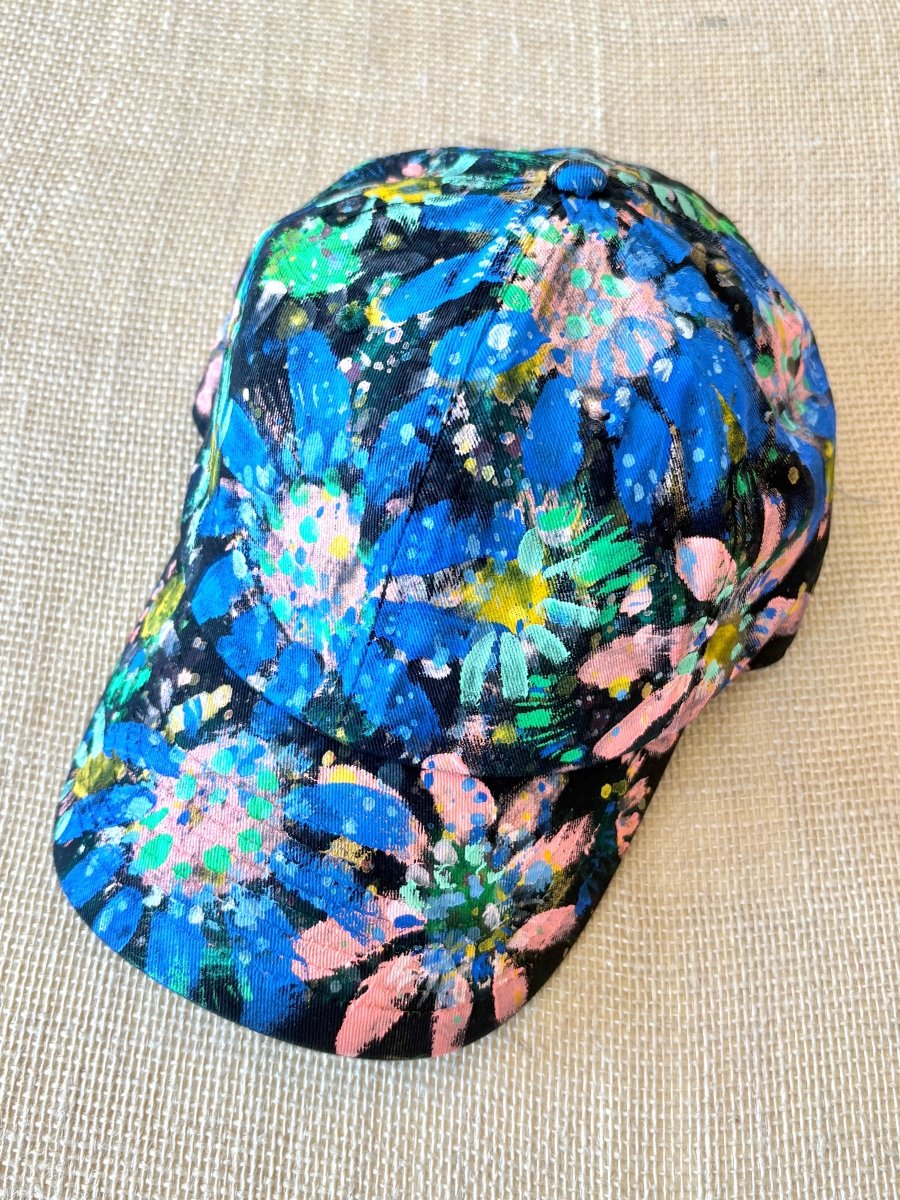 "Thistle" Black Baseball Cap w/ Cobalt Neon Flowers | Hand Painted - Made X Hudson