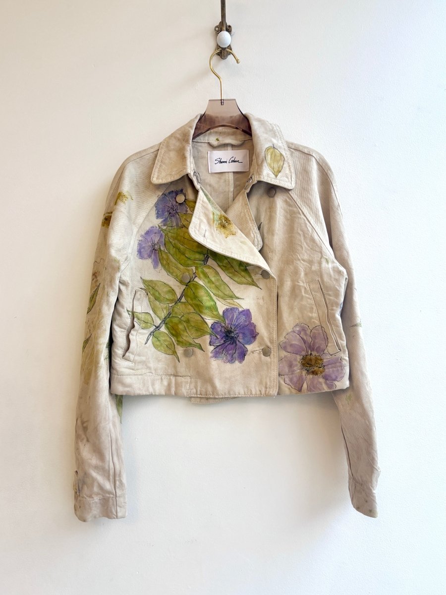 Colorful Hand Painted Tan Double Breasted Cropped Denim Jacket (Reworked) - Made X Hudson