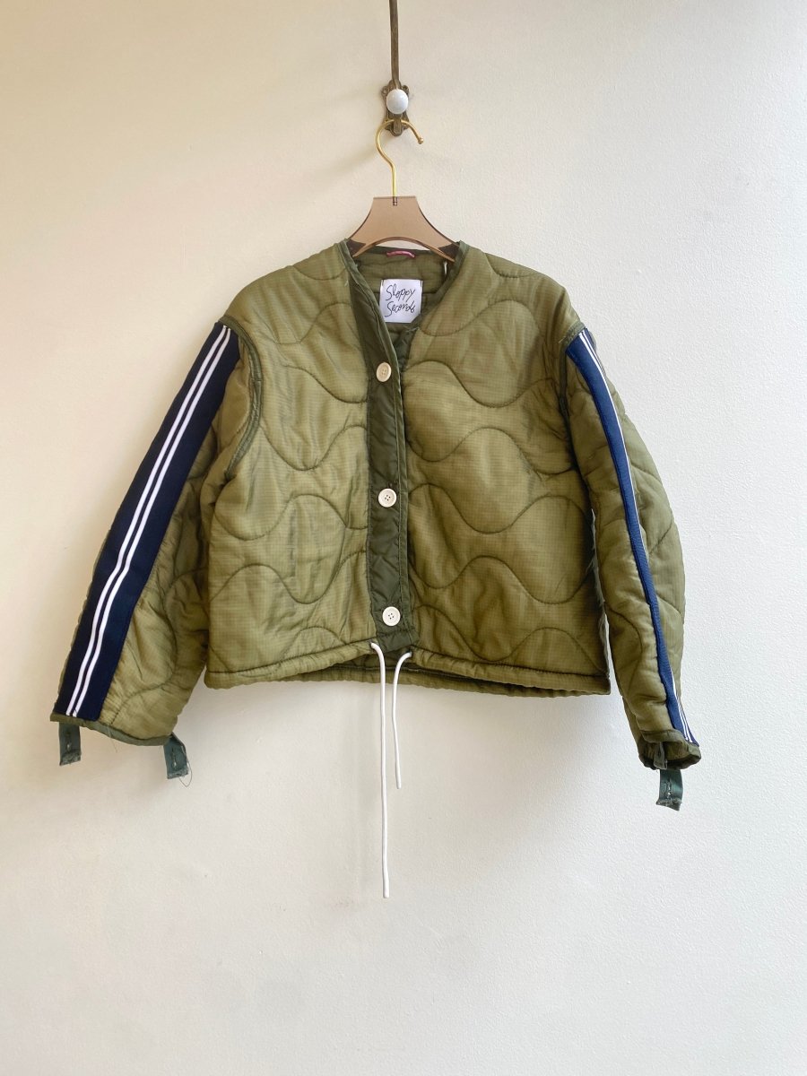 Olive Green Army Liner Quilted Coat w/ White Drawstring & Navy White Striped Sleeves - Made X Hudson