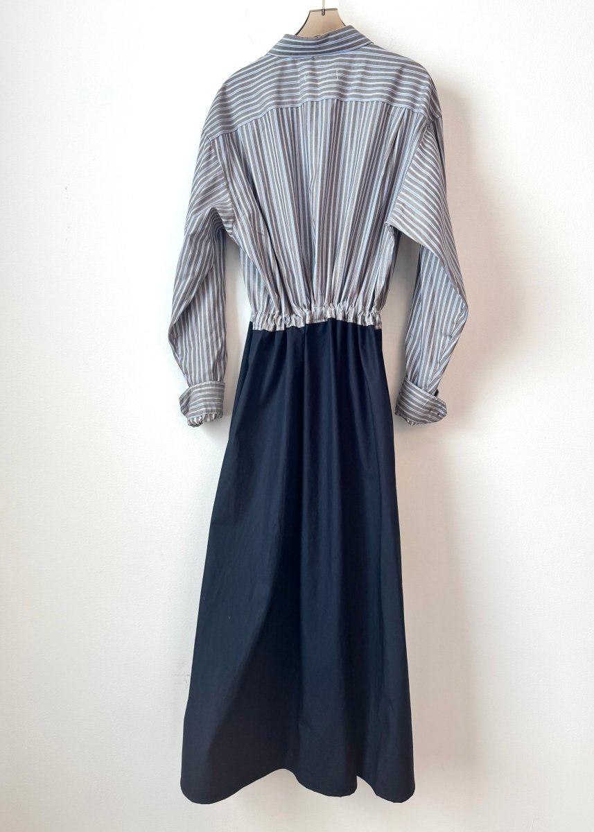Lucius Shirt Dress in Blue and Brown Stripe with Navy Skirt (Reworked) - Made X Hudson