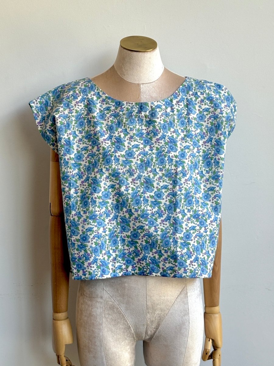 Blue Morning Glory w/ Purple Periwinkle Floral Print Box Top - Made X Hudson