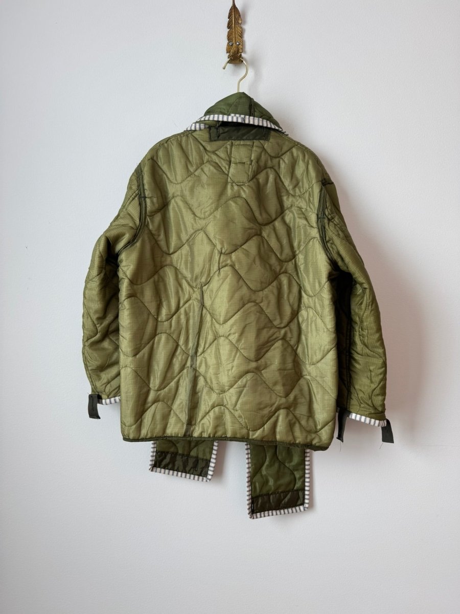 Light Olive Green Army Liner Quilted Coat w/ Bright Olive Scarf & White Zipper (Reworked) - Made X Hudson